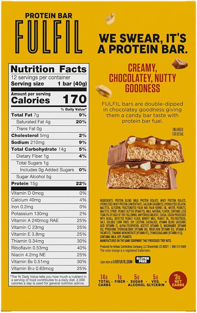 FULFIL Chocolate Peanut Butter Flavored Protein Bar Made with REESE's Peanut Butter Gluten Free with 15g Protein Pantry Staples 12 Count