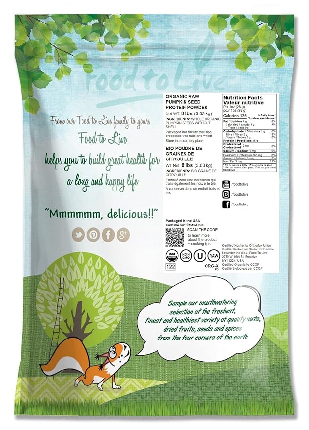 Food to Live Organic Pumpkin Seeds Protein Powder 8 Pounds – 60% Protein Non-GMO Non-Irradiated Pure Flour Kosher Vegan Superfood Bulk Great for Baking Drinks and Smoothies