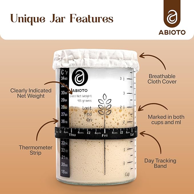 Sourdough Starter Jar Kit Includes 34 oz Sourdough Starter Jar with Metallic Lid Silicone Spatula Feeding Tracker Extra Thermometer Strips &amp Breathable Covers – Sourdough Bread Starter Kit