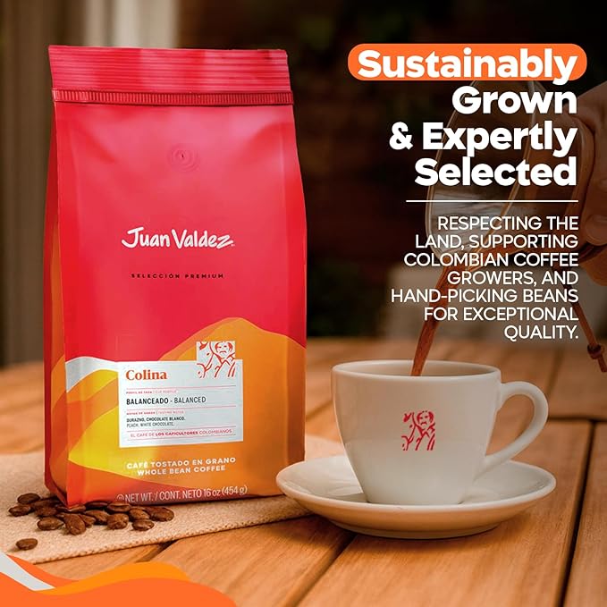 Juan Valdez Colina Whole Bean Coffee - Medium Roast | 16 oz - 100% Colombian Coffee | Unique “Caracolito” Beans with Peach &amp White Chocolate Notes