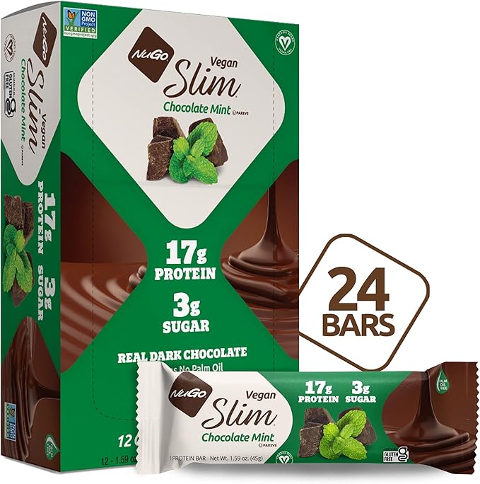 NuGo Slim Dark Chocolate Crunchy Peanut Butter 24 Count Chocolate Mint 24 Count 16-18g Vegan Protein 3g Sugar Bars Bundle