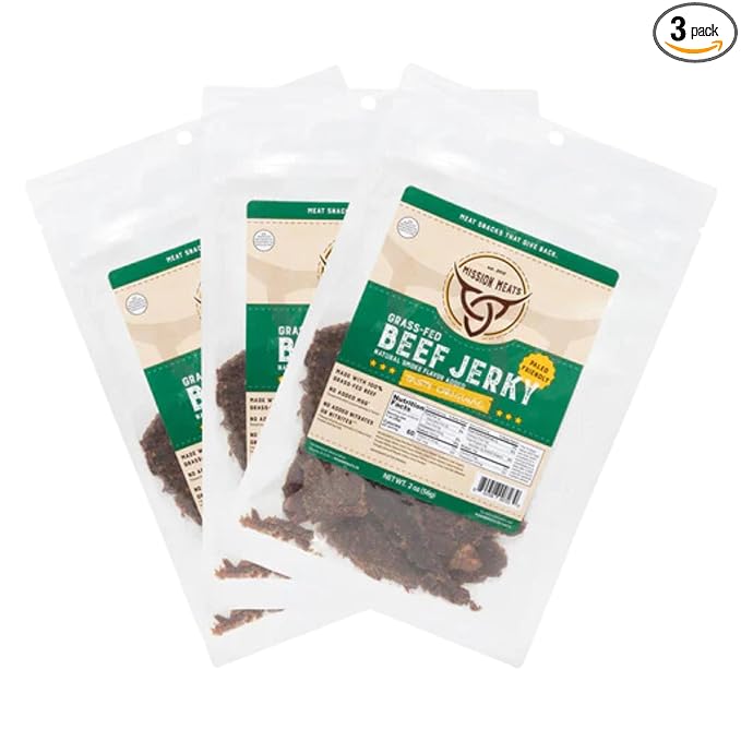 Mission Meats Beef Jerky Original 100% Grass Fed Beef 10g Protein per Serving Delicious &amp Tender – Paleo Keto Carnivore &amp Whole 30 Friendly 2oz Bags (Pack of 3)