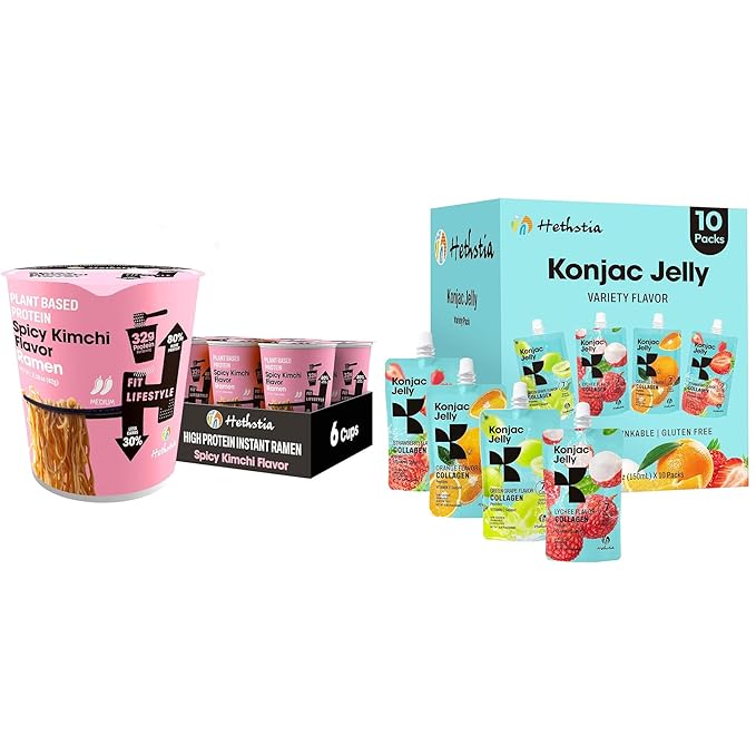 Hethstia Protein Ramen Cup &amp Collagen Konjac Jelly Bundle – 32g Plant Protein Spicy Kimchi Ramen Soup with Drinkable Konjac Jelly Collagen Peptides Vegan Low Calorie Healthy Meal &amp Snack Co