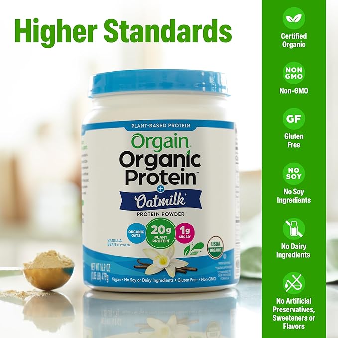 Orgain Organic Vegan Protein Powder + Oat Milk Vanilla Bean - 20g Plant Based Protein Gluten Free No Dairy Soy or Lactose Ingredients Low Sugar Non-GMO Kosher For Shakes &amp Smoothies - 1.05