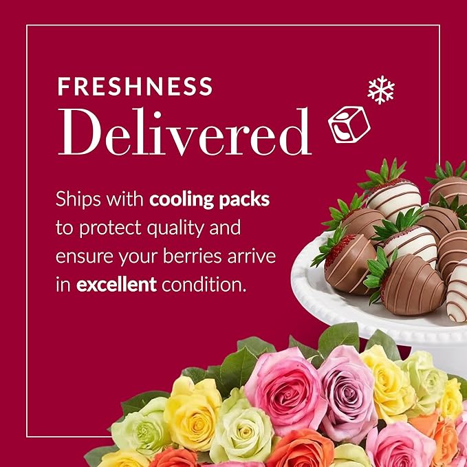 Shari’s Berries 24 Assorted Roses with Vase &amp 12 Gourmet Chocolate Covered Strawberries Gift Set| Flower &amp Chocolate Gift Delivery for Valentine's Day Anniversary Birthday &amp Thank You