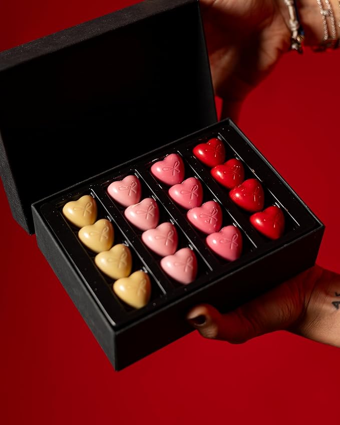 OMNIYA Delicacy - Luxury Chocolate Heart Box - 16 Pcs Heart Shaped Chocolate w/ 4 Flavors (Raspberry Coffee Pistachio &amp Chocolate) Premium Gourmet Creme Filled Chocolate for Special Occasions