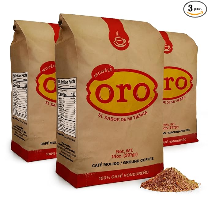 Mi cafe es ORO – Ground Coffee 100% Honduran Dark Roast Exotic Flavor Smooth Aroma Ideal for Drip Coffee Espresso or French Press Brewing – Freshly Packed Coffee Bags – 14 Oz | 3-Pack