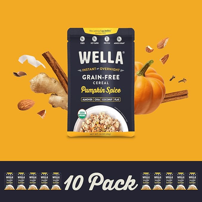 Wella Cereal Oatmeal Alternative Gluten-Free Breakfast Hot Cereal Grain-Free Paleo Organic Vegan High Protein Superfood Plant-Based Non-GMO Low in Net Carbs Single-Serve Packets Pumpkin Spice Fl