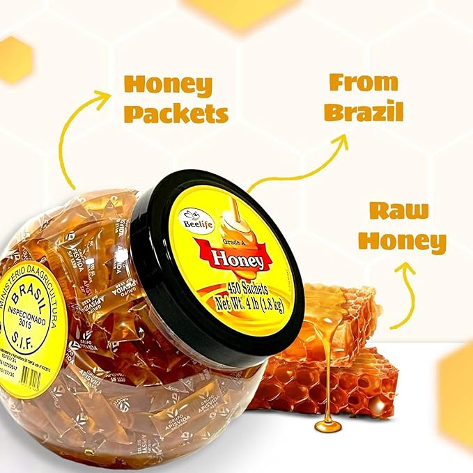 Beelife 100% Pure Raw and Unfiltered Honey Packets - Individual Honey Packets- 450 Single serve Packets - 3.96 Lb