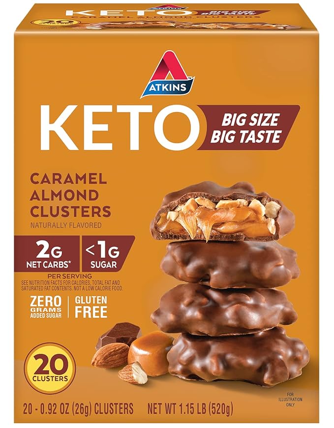 Atkins Caramel Almond Clusters Gluten Free High in Fiber 1g Sugar 2g Net Carb Keto Friendly 20 Count &amp Endulge Peanut Butter Cups Dessert Favorite Low Carb 0g Sugar 20 Count