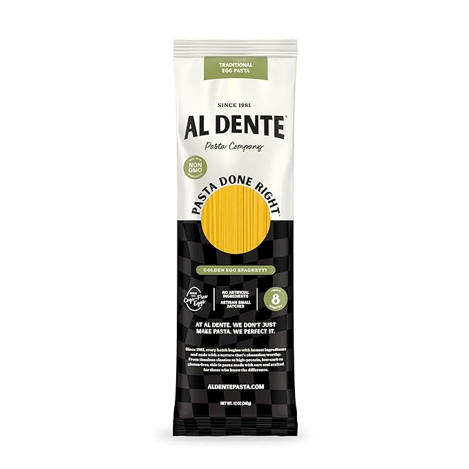 Al Dente Golden Egg Spaghetti – All-Natural Hand-Crafted Egg Pasta. Traditional Pasta Noodles Made with Cage-Free Eggs and Semolina. Great for Pastas Soups Stews. 12oz Boxes (Pack of 8)