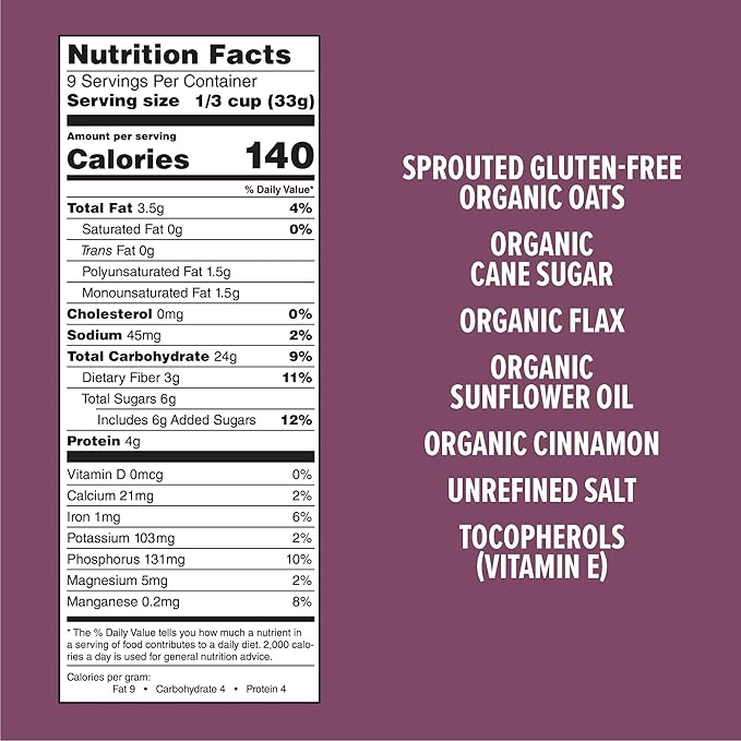 One Degree Organic Foods Sprouted Oat Cinnamon Flax Gluten Free Granola - USDA Organic Vegan (11 oz. - 6 pack)