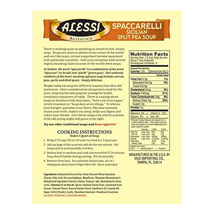 Alessi Autentico Premium Soups Traditional Flavors 6oz (Sicilian Split Pea Pack of 6)