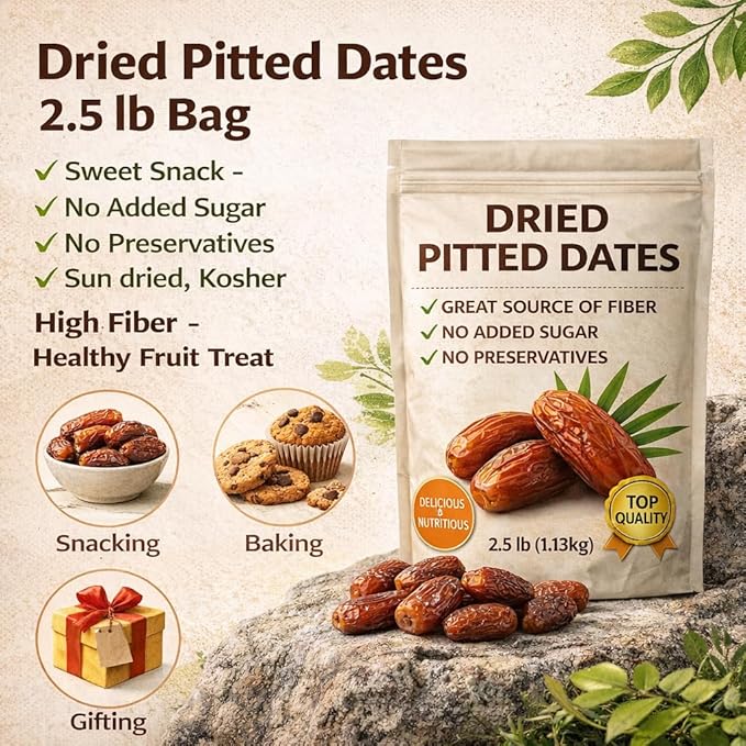 Dried Pitted Dates 2 lb Bag Naturally Sweet Snack No Added Sugar No Preservatives Sun-Dried High Fiber Healthy Fruit Snack Dates for Baking &amp Snacking