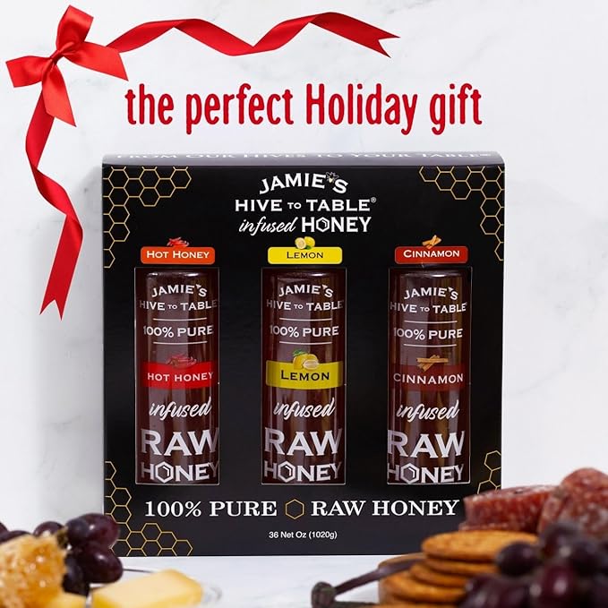 Jamie's Hive to Table Infused Honey Gift Set – Hot Lemon and Cinnamon Flavors 36 Oz Pack of 3 Squeeze Bottles – 100% Natural Raw Honey