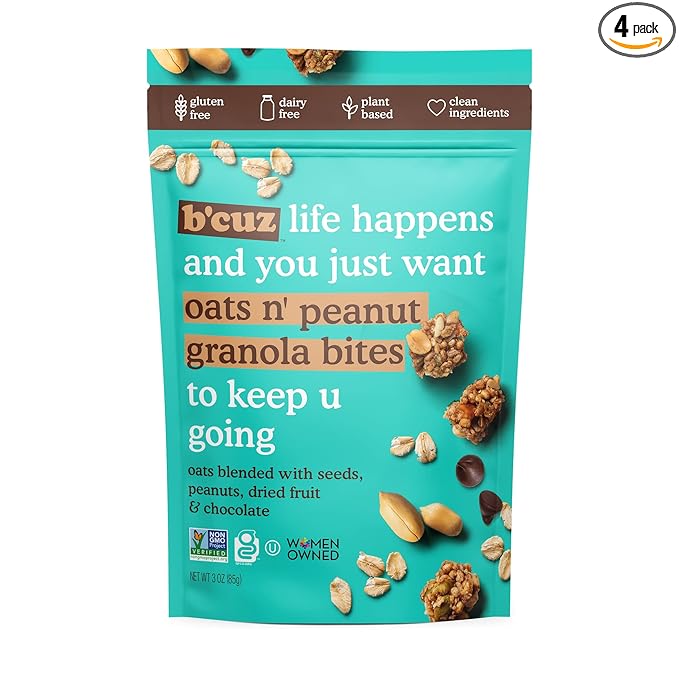 B'cuz Granola Bites 4-Bag Gluten Free Healthy Snacks for adults Healthy Granola Gluten Free Snack - Kosher Snacks for Kids Vegan Snack - 3 oz Oats 'n Peanuts (Pack of 4)