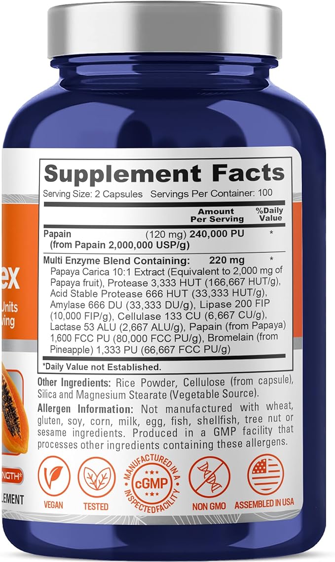 NusaPure Papaya Papain Enzyme Complex 240000 PU - 200 Veggie Caps - Suitable for Vegetarian Vegan Non-GMO
