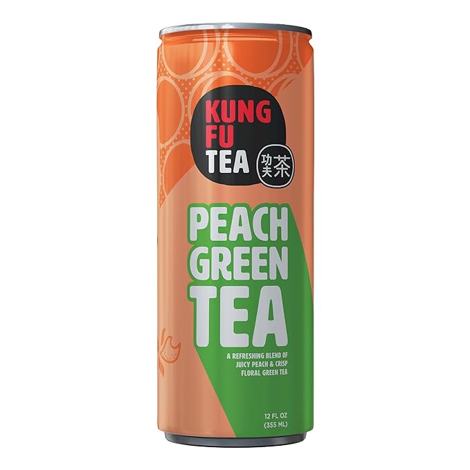 Kung Fu Tea Canned Peach Green Tea – Lightly Sweetened Peach Green Tea in a Can Ready to Drink – All Natural Premium Iced Tea – 12 oz Cans Pack of 12