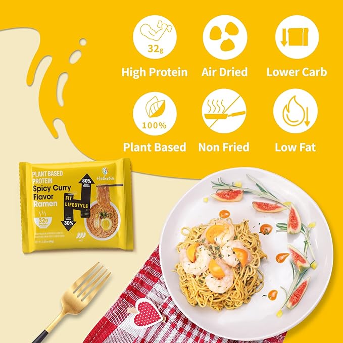 Hethstia Bundle – Shirataki Spaghetti &amp High-Protein Spicy Curry Ramen Low-Carb Konjac Pasta &amp 32g Plant-Based Protein Instant Noodles Vegan Low Fat Non-GMO Healthy Quick Meals (16-Pack T
