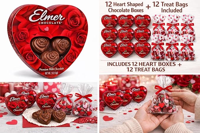 Valentine’s Day Chocolate Gift Boxes with 12 ct Treat Bags – Elmer Assorted Heart-Shaped Milk Chocolate 2 oz Each 12-Count – Individually Wrapped Classroom Exchange for Kids School &amp Office