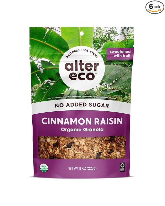 Alter Eco Cinnamon Raisin Granola Healthy Organic Breakfast &amp Snack Naturally Sweetened with Fruit Vegan No Artificial Sugars or Additives Regeneratively-Farmed Oats (Cinnammon Raisin - 6 Pa