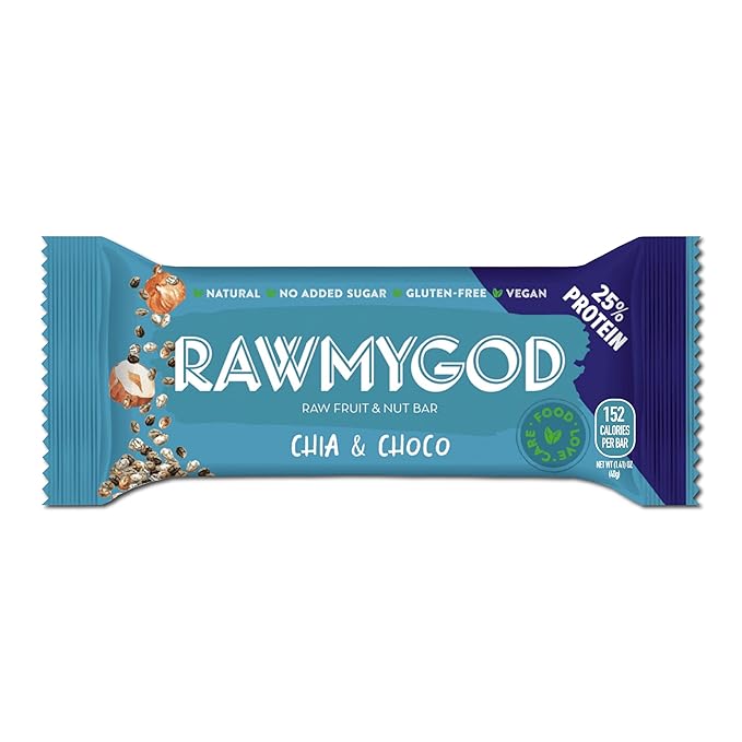 RAWMYGOD Fruit and Nut Bars Good Source of Protein (10g 25% protein content) Gluten Free Vegan No Added Sugar (16 bars Chia &amp Choco)