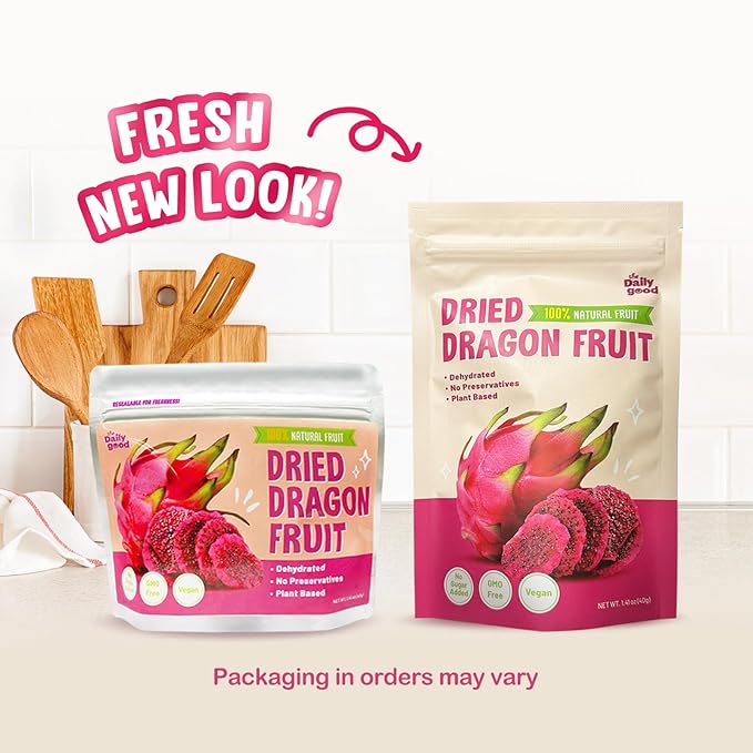 The Daily Good Soft-Dried Dragon Fruit Slices | All Natural Superfood Snacks for Adults &amp Kids | Healthy Soft and Chewy | No Sugar Added or Preservatives Gluten Free Vegan (1.41 oz Pack of 3)