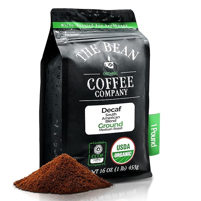 The Bean Organic Coffee Company Water Processed DECAF South America Blend Medium Roast Ground Coffee 16-Ounce Bag Café Molido Tostado Orgánico descafeinado