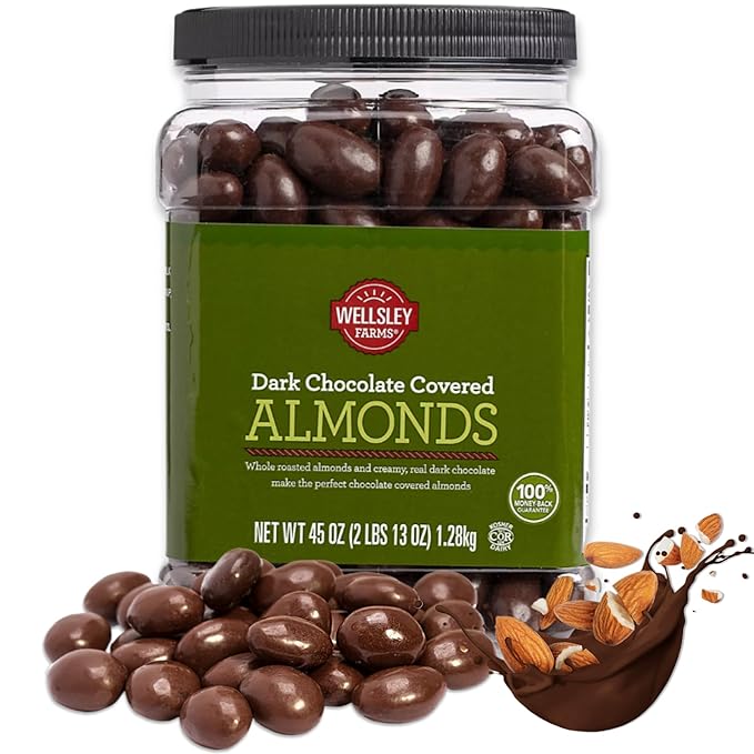 Wellsley Farms Dark Chocolate Covered Almonds – 2lbs 13oz | Whole Roasted Almonds with Real Creamy Dark Chocolate | Kosher Gluten-Free Snack