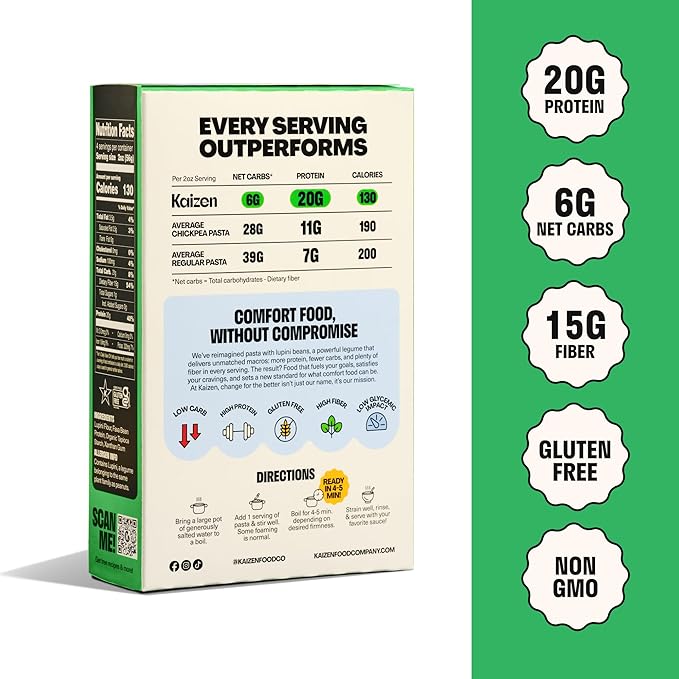 Kaizen Low Carb Keto Pasta Ziti - High Protein (20g) Gluten-Free Keto-Friendly (6g Net) Plant-Based Lupini Noodles made w/High Fiber Lupin Flour - 8 ounces (Pack of 3)