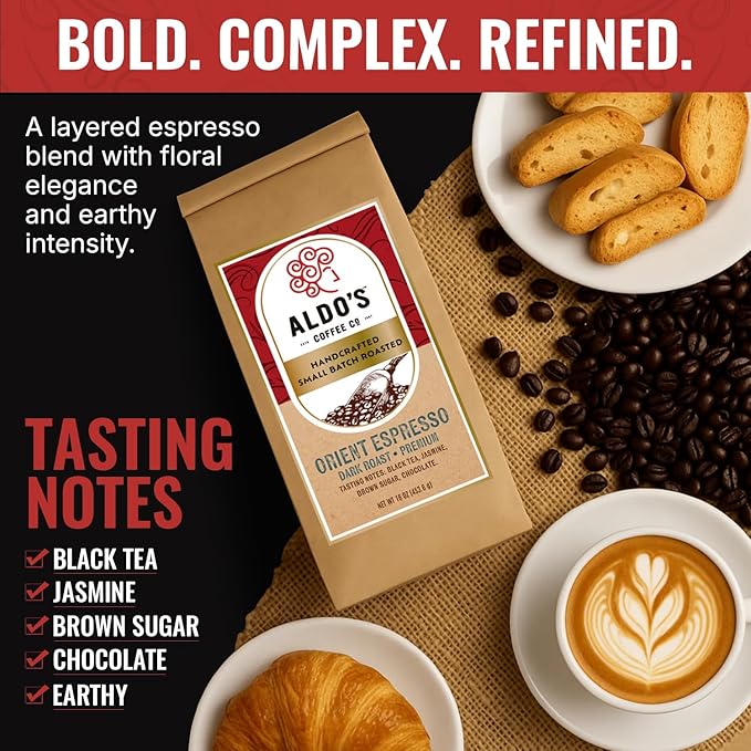 Aldo's Coffee Company Orient Espresso - Organic Dark Roast Whole Bean Coffee Espresso Blend - 16 oz