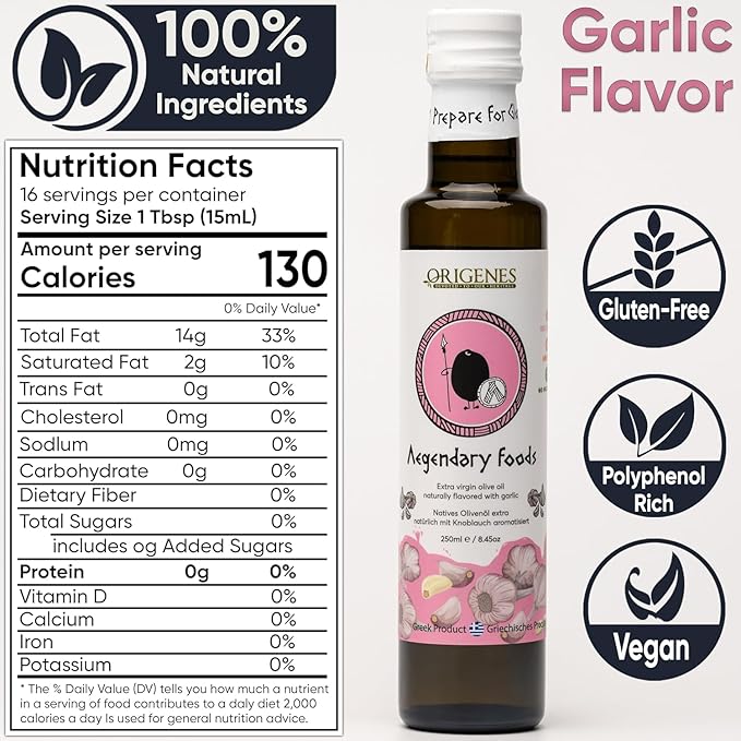 Pack of 4 Extra Virgin Flavored Olive Oil - Garlic Chili Lemon &amp Basil Infused EVOO - Cold Pressed Polyphenol Rich EVOO Intense Flavor Olive Oil Extra Virgin from Laconia 4X250ml