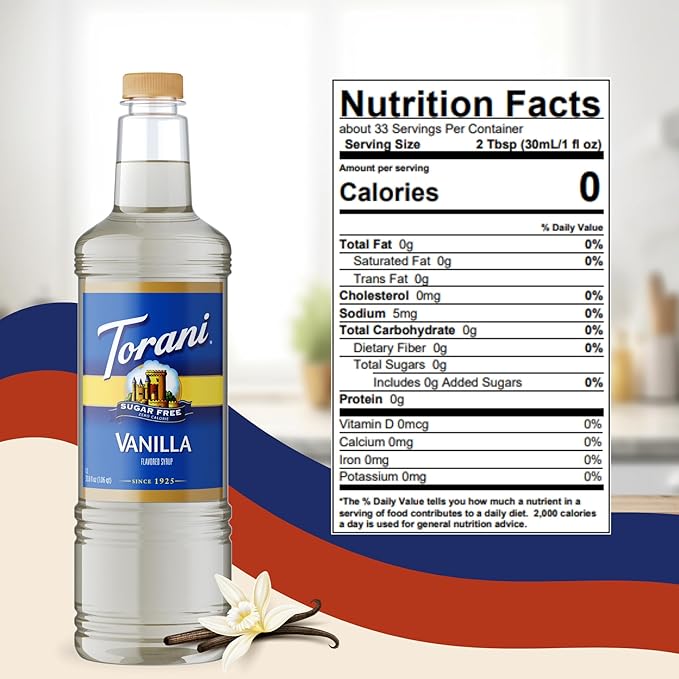 Torani Sugar Free Vanilla Syrup 1 Liter Bottle with Pump Dispenser – Zero Calorie Flavored Coffee Syrup for Lattes Cold Brews Teas Cocktails &amp Desserts