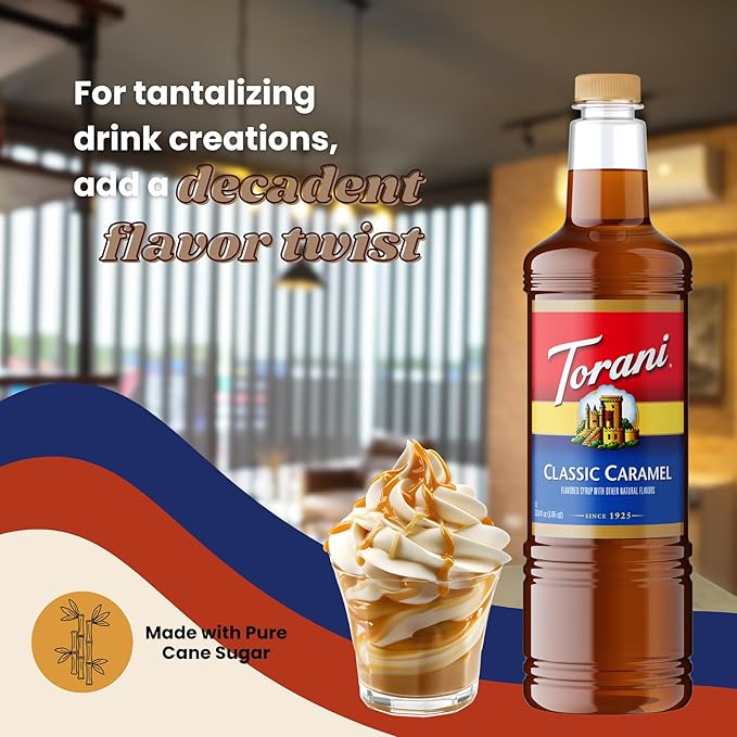 Torani Classic Caramel Syrup 1 Liter Bottle with Pump – Premium Coffee Flavoring with Pure Cane Sugar Natural Caramel Flavor for Lattes Desserts Cocktails &amp More