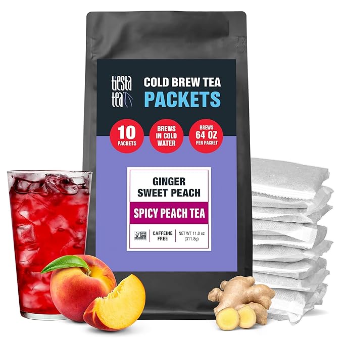Tiesta Tea - Ginger Sweet Peach Cold Brew Tea Loose Leaf Spicy Peach Herbal Blend Premium Non-Caffeinated Iced Blend Cold Brew Packets Makes 64 oz of Pitcher Per Bag (Pack of 10)