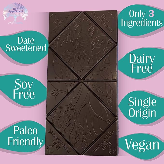 Bon Appesweet Date Sweetened Chocolate Bar - Healthy Dark Chocolate | On The Mark Chocolate | 2.2 Ounce (Pack of 3) | Organic Zero Added Sugar 85% Cacao Plant Based Dairy Free and Guilt Free!