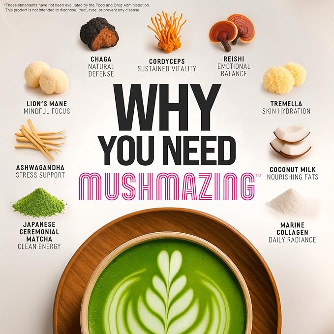 Mushroom Matcha + Lion’s Mane Ashwagandha Collagen - Focus Energy &amp Immune Support - 30 Servings of Adaptogen Superfood Blend for All Day Coffee Alternative