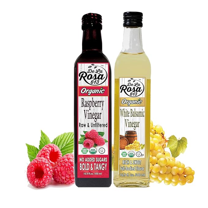 De La Rosa Organic Raspberry and White Balsamic Vinegar Vegan Kosher Non-GMO &amp Gluten Free Great for Salad Dressings Marinades and More 16.9 Oz (pack of 2)
