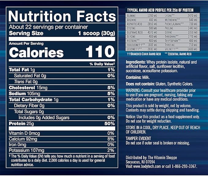 BodyTech Whey Protein Isolate Powder - 25g Protein per Serving with BCAAs - Fast-Absorbing for Muscle Growth &amp Recovery - Fruity Cereal (1.5 lb 23 Servings)