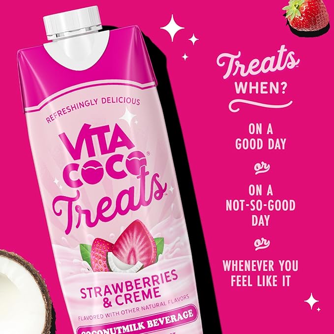 Vita Coco Treats Strawberries &amp Creme Coconut Milk Drink | Sweet Refreshing Treat | Cremey Pink Drink Alternative | 16.9 fl oz (Pack of 12)