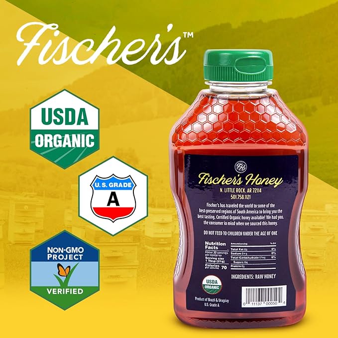 Fischer's 100% Organic Honey USDA Certified – Pure Raw &amp Unfiltered Honey – All-Natural Sweetener – Rich Flavor Profile Packed with Nutrients 24 Oz (Pack of 2)