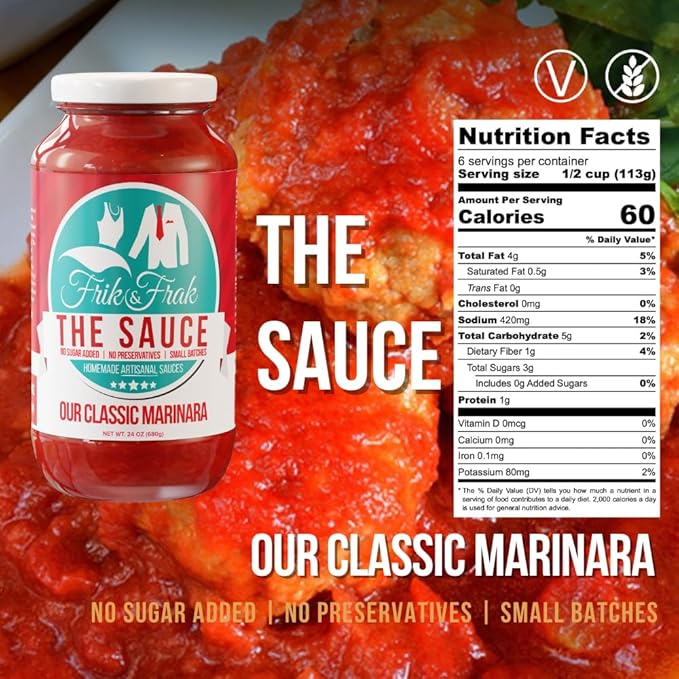 Classic Marinara Pasta Sauce by Frik &amp Frak 6-Pack No Sugar Added No Preservatives Gluten Free 36 Month Shelf Life Artisan Small Batch Crafted Pasta Sauces 24 Oz Jars