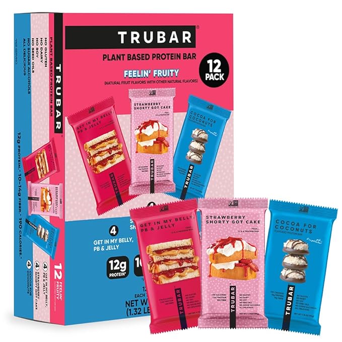 TRUBAR Vegan Protein Bars Feelin' Fruity Variety Pack PB &amp Jelly Strawberry Shortcake &amp Chocolate Coconut Gluten Free Plant Based High Fiber Dairy Free On the Go Healthy Snacks 12 Cou