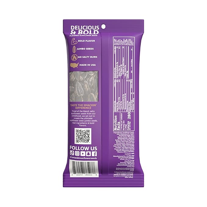 SMACKIN' Sunflower Seeds Roasted Jumbo Small-Batch American Made - Cinnamon Churro. 1.5oz bags (36 Pack)