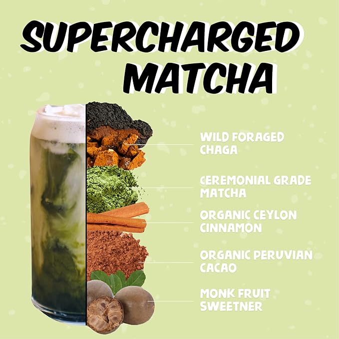 Renude Chaga Matcha - Chaga Mushroom Powder Superfood Drink Mix with Adaptogens Ceremonial Grade Mushroom Matcha Keto Vegan Sugar Free Natural Energy &amp Immune Support - 15 Servings per Bag