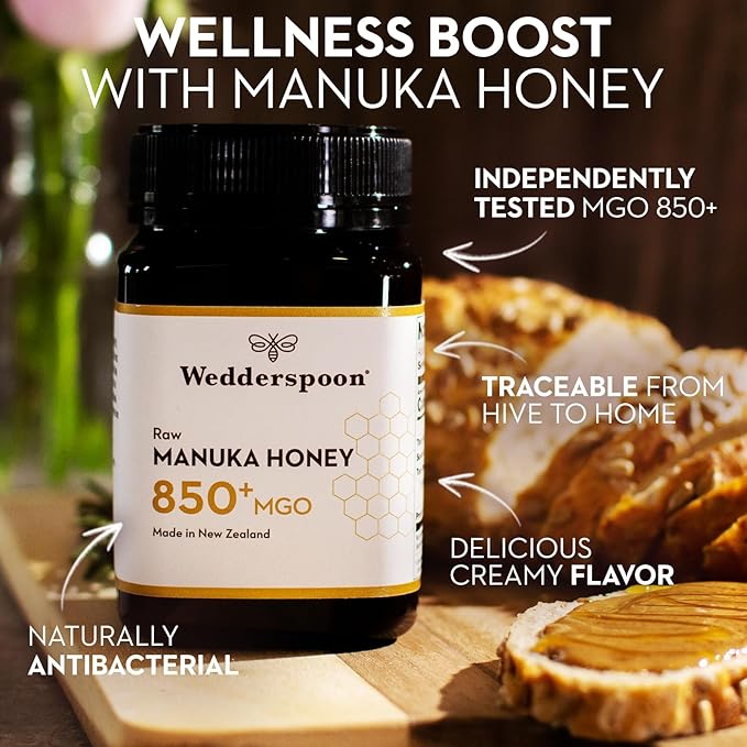 Wedderspoon Raw Manuka Honey 850+ MGO 17.6 Oz Unpasteurized New Zealand Honey Non-GMO BPA-Free Jar Superfood &amp Natural Wellness Support