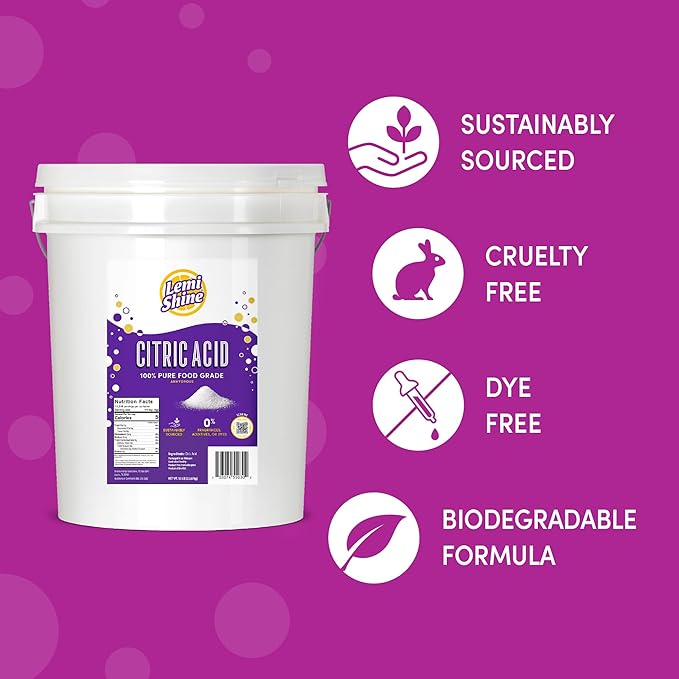 Lemi Shine 100% Citric Acid Bulk 50 Pound Pail | Pure Food-Grade Flavor Enhancer &amp All-Natural Preservative | Fragrance Free Citric Acid for Bath Bombs Cooking &amp Canning