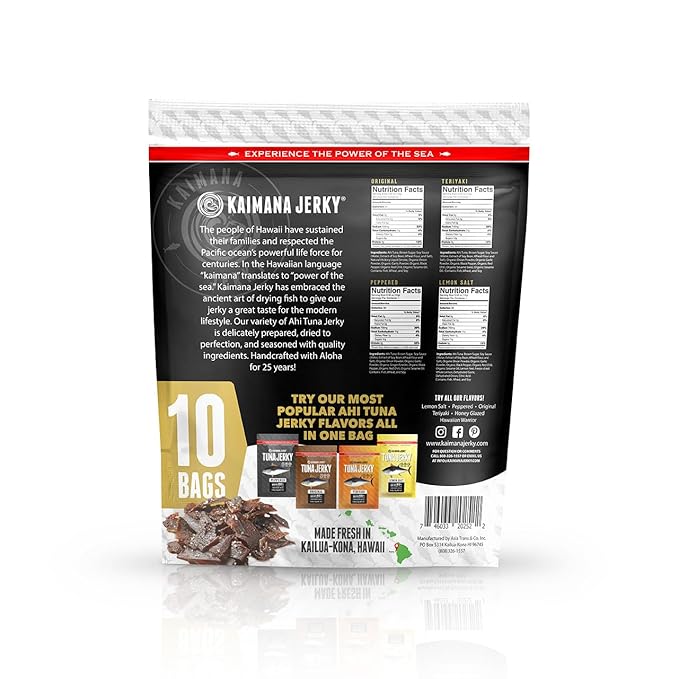 Kaimana Jerky Ahi Tuna Sampler Bundle - All Natural &amp Wild Caught Tuna Jerky. Made in USA. 9g Protein &amp Good Source Of Omega-3's (10 pack 0.50 oz)