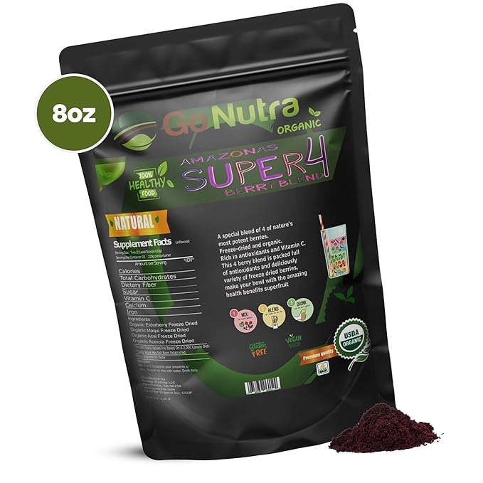 Go Nutra Organic Freeze Dried Acai Berry Blend for Bowls | Superfood Smoothie Mix with 4 Immune Boosting Berries | Acai Maqui Elderberry Acerola | Antioxidant Freeze Dried Berries 15 Servings 8oz