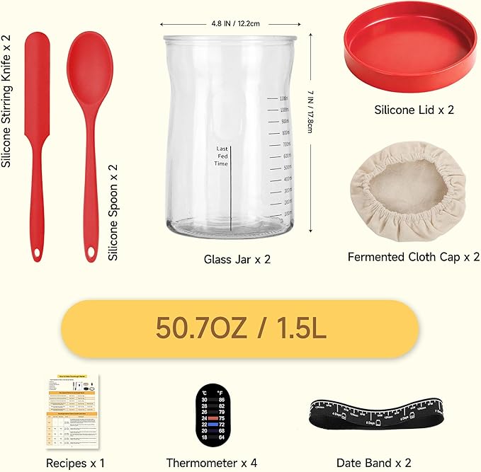 Pro Sourdough Starter Kit- 50oz Large Capacity Sourdough Starter Jar 17 Flavorful Fermentation Recipes Sourdough Bread Baking Supplies for Making Delicious Sourdough Breads(Red 2Set)